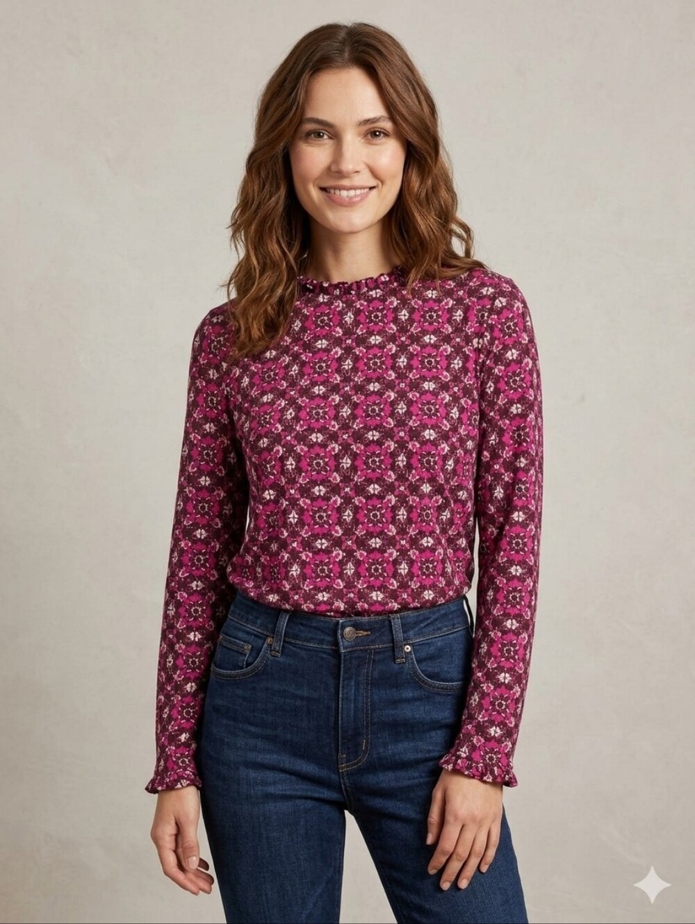 LOFT Pink Magenta Geometric Medallion Blouse Ruffle Collar Long Sleeve Top XL